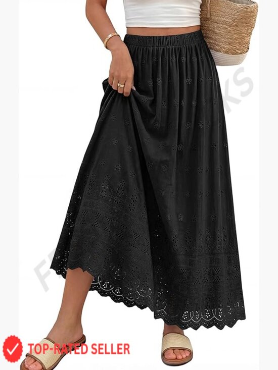 Dresses & Skirts - Boho Eyelet Maxi Skirt Elastic High Waist Flowy A-Line Cotton Summer Skirt